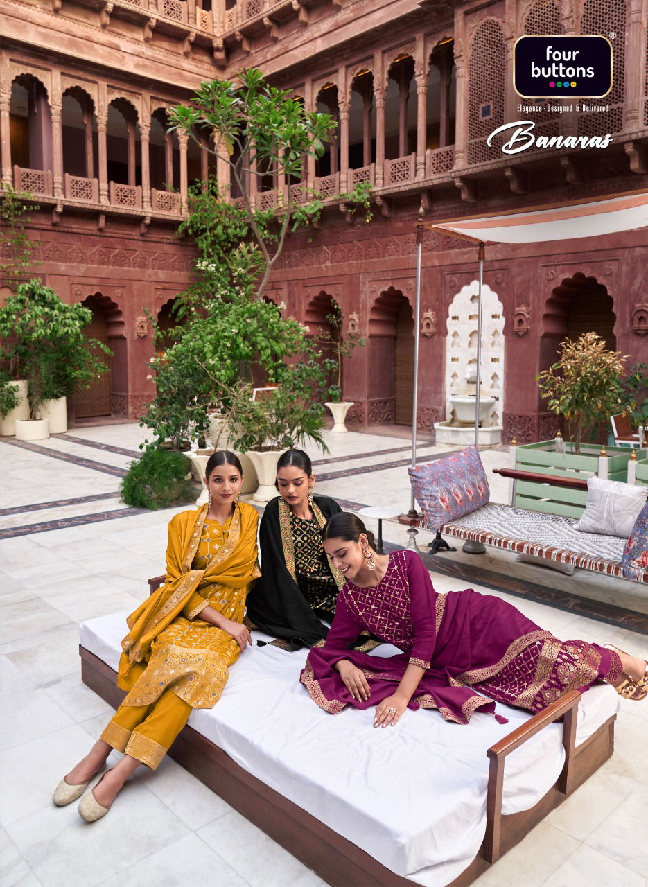 Four Buttons Banaras New Designer Exclusive Wear Ready Made Suit Collection